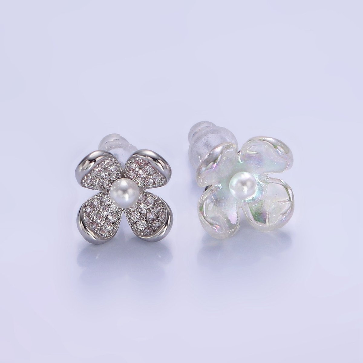 Pearl Micro Paved CZ AB Iridescent Acrylic Flower Stud Earrings Set in Gold &amp; Silver | V496 V497