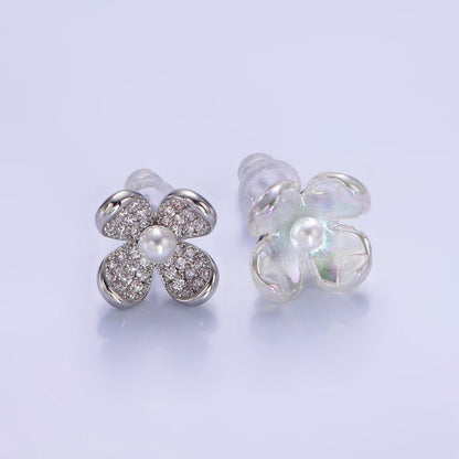 Pearl Micro Paved CZ AB Iridescent Acrylic Flower Stud Earrings Set in Gold &amp; Silver | V496 V497