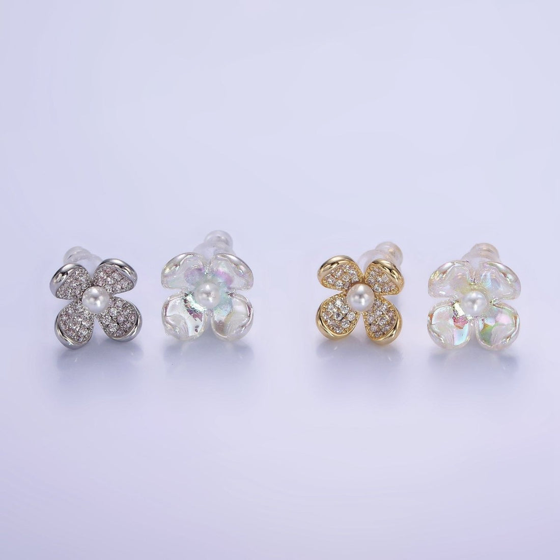 Pearl Micro Paved CZ AB Iridescent Acrylic Flower Stud Earrings Set in Gold &amp; Silver | V496 V497
