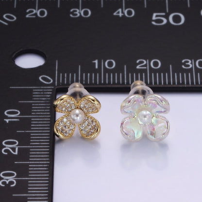 Pearl Micro Paved CZ AB Iridescent Acrylic Flower Stud Earrings Set in Gold &amp; Silver | V496 V497