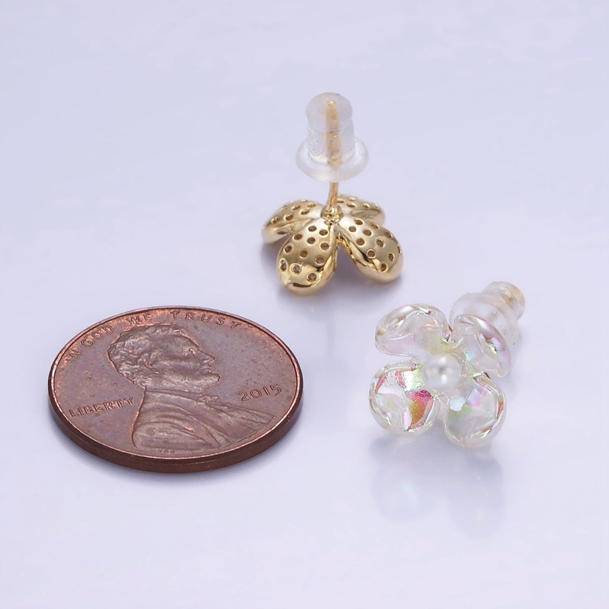 Pearl Micro Paved CZ AB Iridescent Acrylic Flower Stud Earrings Set in Gold &amp; Silver | V496 V497