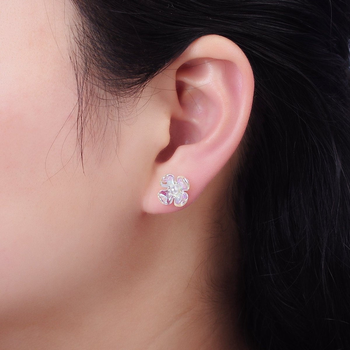 Pearl Micro Paved CZ AB Iridescent Acrylic Flower Stud Earrings Set in Gold &amp; Silver | V496 V497