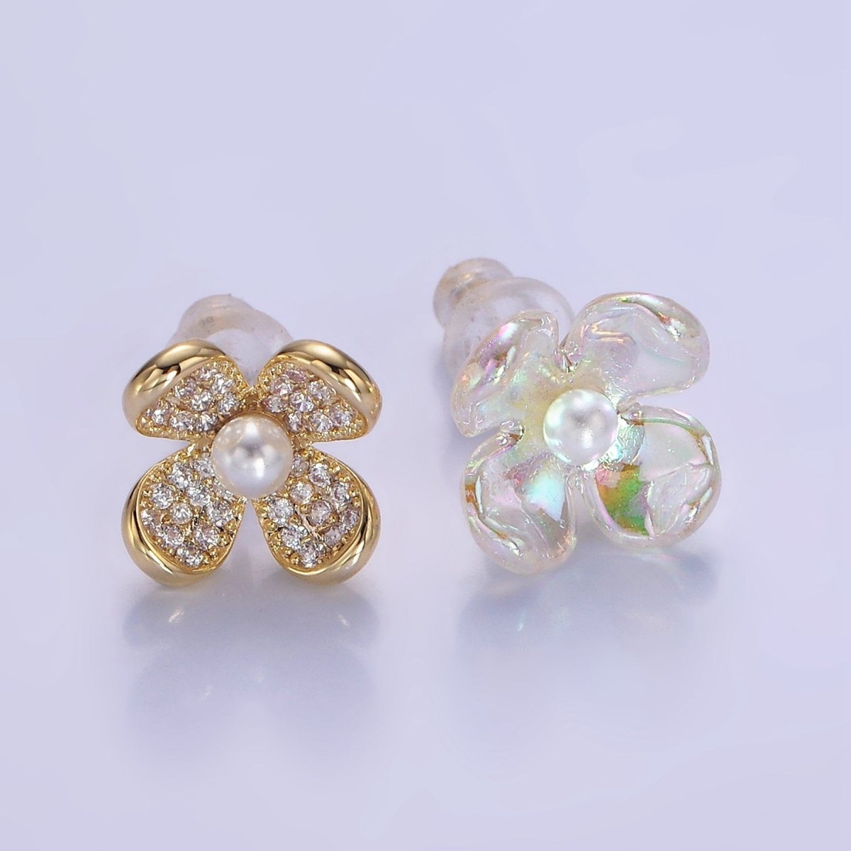 Pearl Micro Paved CZ AB Iridescent Acrylic Flower Stud Earrings Set in Gold &amp; Silver | V496 V497
