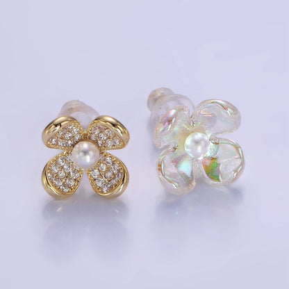 Pearl Micro Paved CZ AB Iridescent Acrylic Flower Stud Earrings Set in Gold &amp; Silver | V496 V497