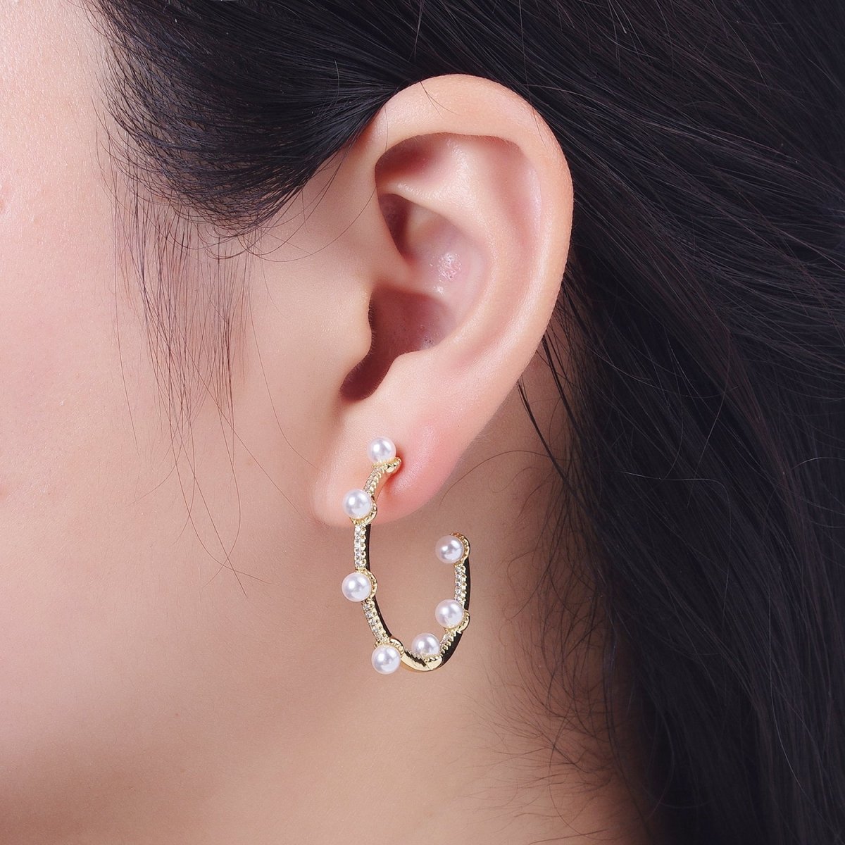 Pearl Micro Paved CZ Lined C-Shaped 32mm Hoop Earrings in Gold &amp; Silver | AB063