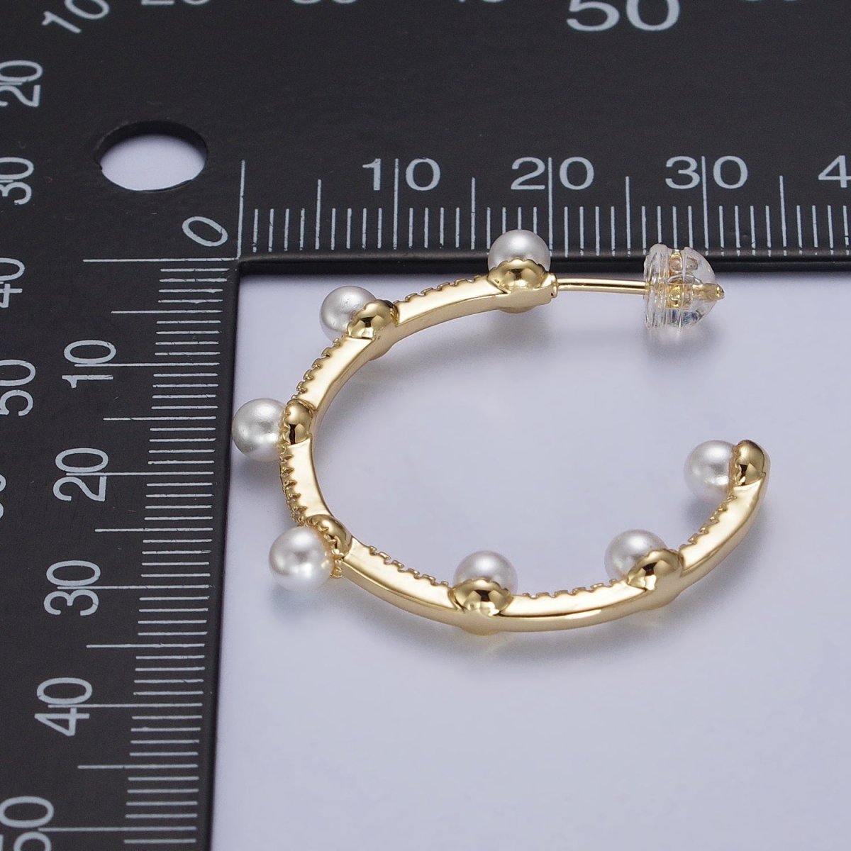 Pearl Micro Paved CZ Lined C-Shaped 32mm Hoop Earrings in Gold &amp; Silver | AB063