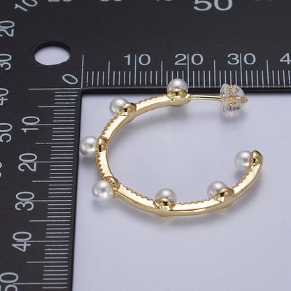 Pearl Micro Paved CZ Lined C-Shaped 32mm Hoop Earrings in Gold &amp; Silver | AB063