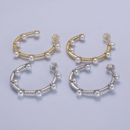 Pearl Micro Paved CZ Lined C-Shaped 32mm Hoop Earrings in Gold &amp; Silver | AB063