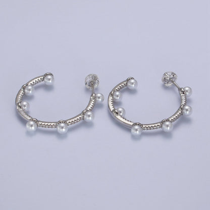 Pearl Micro Paved CZ Lined C-Shaped 32mm Hoop Earrings in Gold &amp; Silver | AB063