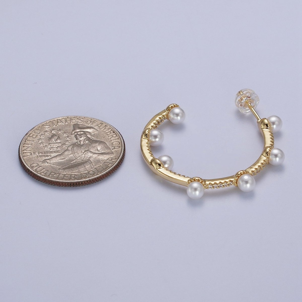Pearl Micro Paved CZ Lined C-Shaped 32mm Hoop Earrings in Gold &amp; Silver | AB063