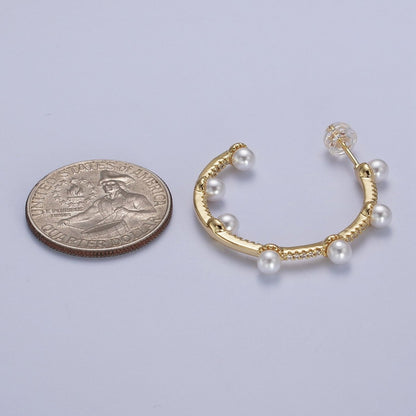 Pearl Micro Paved CZ Lined C-Shaped 32mm Hoop Earrings in Gold &amp; Silver | AB063