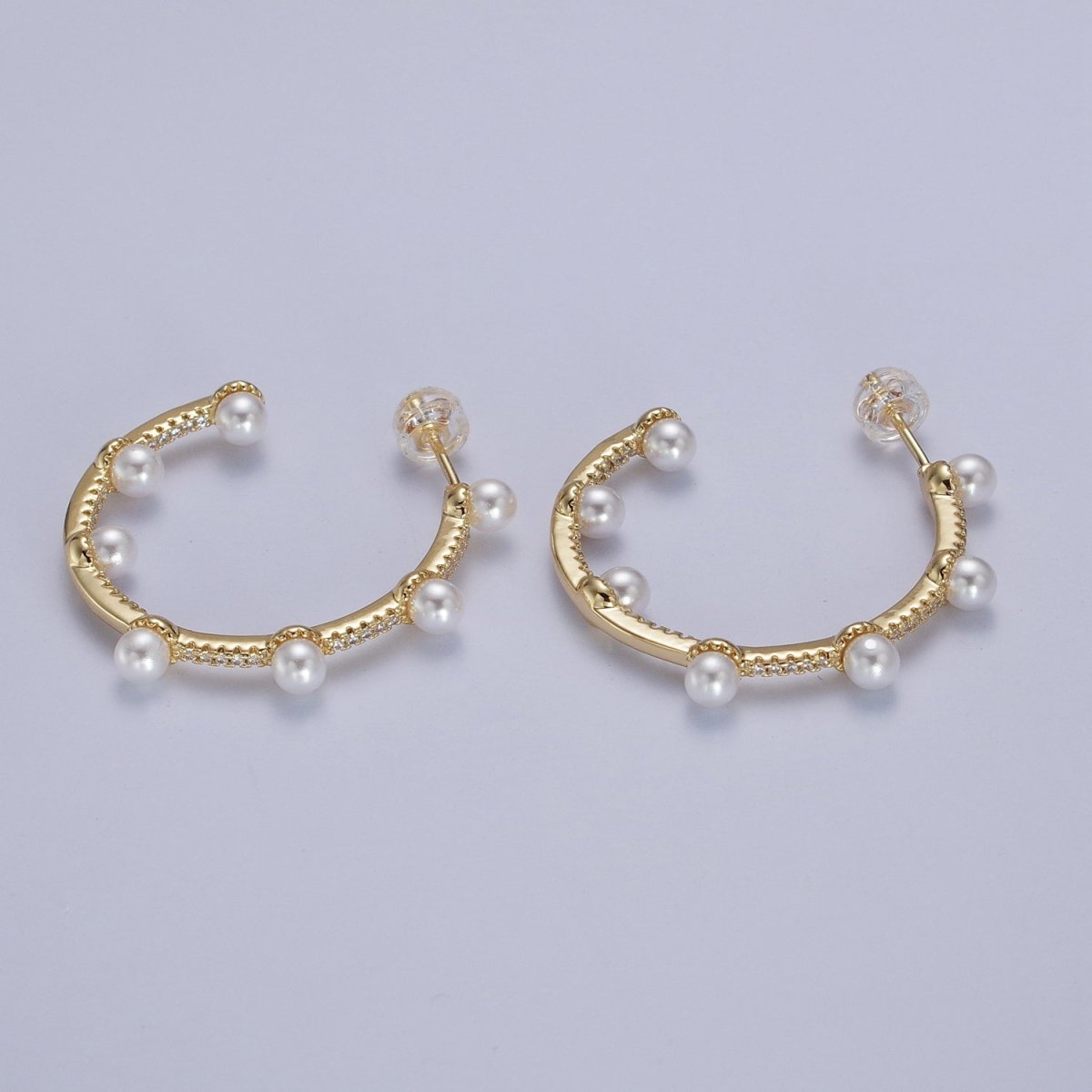 Pearl Micro Paved CZ Lined C-Shaped 32mm Hoop Earrings in Gold &amp; Silver | AB063