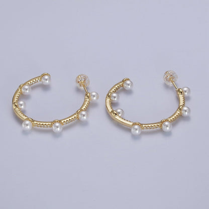 Pearl Micro Paved CZ Lined C-Shaped 32mm Hoop Earrings in Gold &amp; Silver | AB063