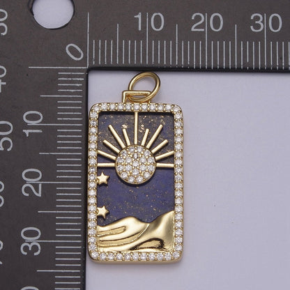 Pearl Sun Tag Charm Blue Lapiz Mountain Gold Filled Charm Clear CZ Tag Medallion Charm Pendant E-424 E-445