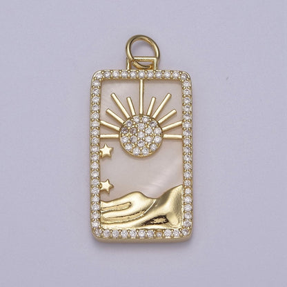 Pearl Sun Tag Charm Blue Lapiz Mountain Gold Filled Charm Clear CZ Tag Medallion Charm Pendant E-424 E-445