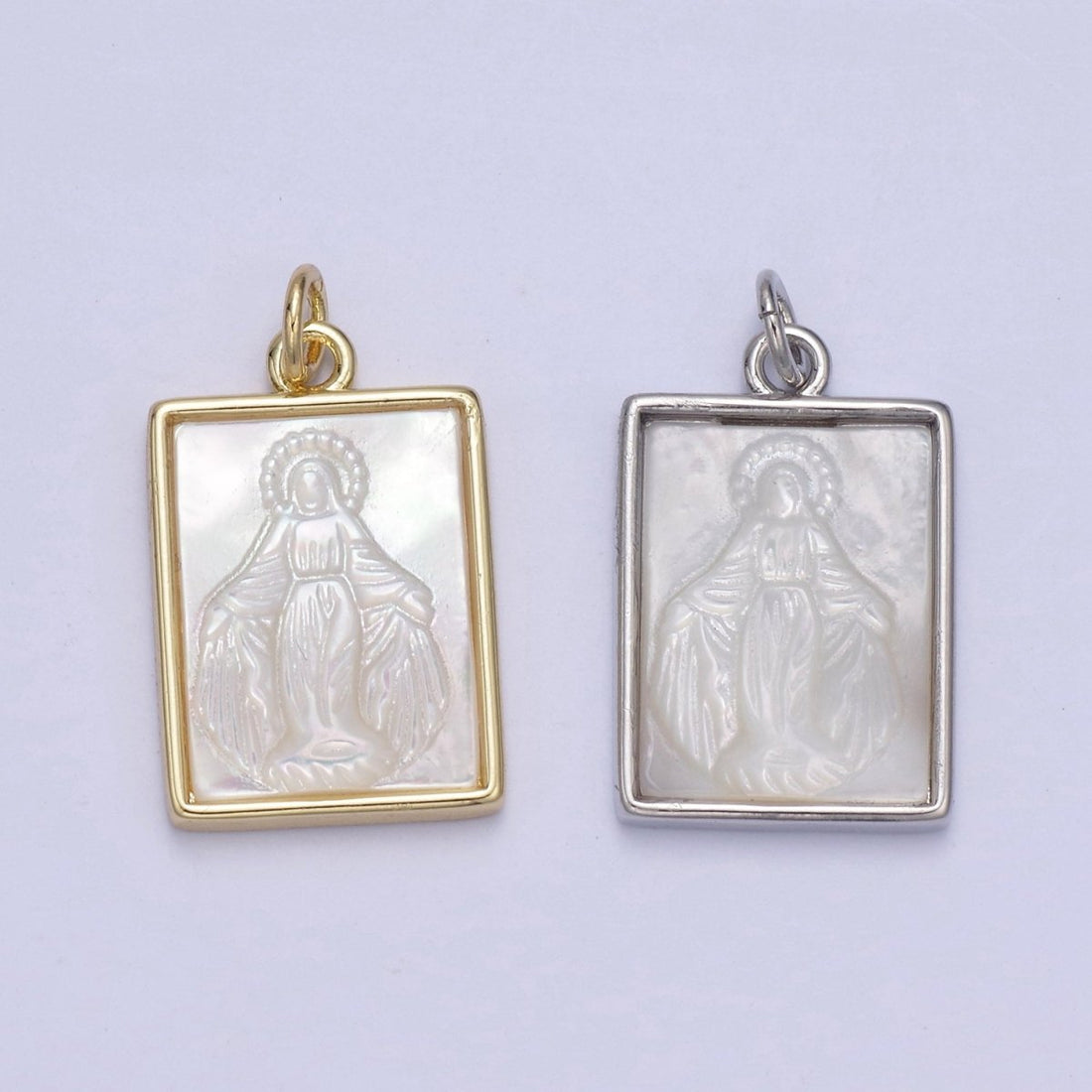 Pearl Virgin Mary On Frame Charms, Dainty Gold Miraculous Lady Pendant, Mother of Pearl Necklace Charms N-862 N-863