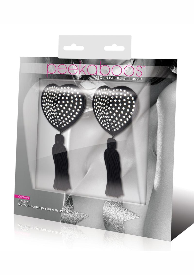 Peekaboos Heart Sequin Tassel Pasties Black White Premium Adhesive
