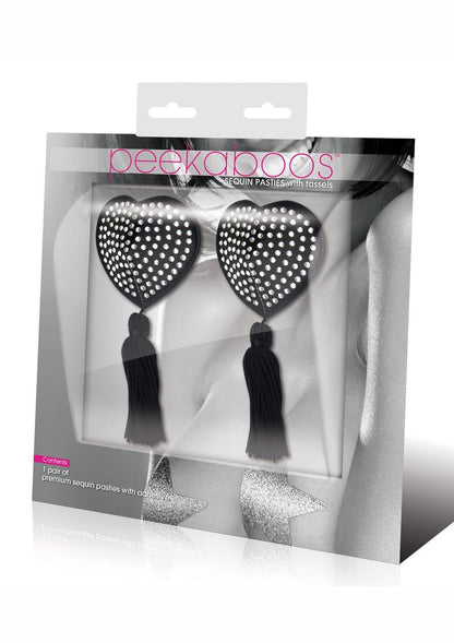 Peekaboos Heart Sequin Tassel Pasties Black White Premium Adhesive