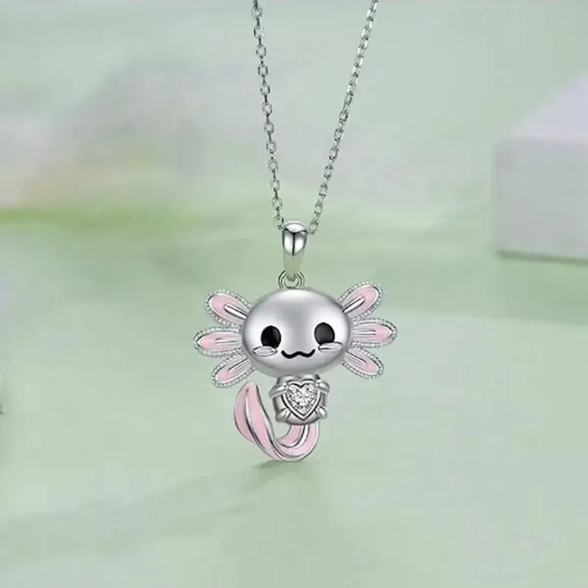 Cute Pink Axolotl Necklace - Enamel Pendant with Crystal Charm