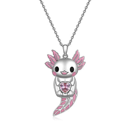 Cute Pink Axolotl Necklace - Enamel Pendant with Crystal Charm
