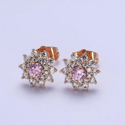 Pink, Clear, Green Celestial Star Flower CZ Stud Earrings | AB025 AB026 AB027