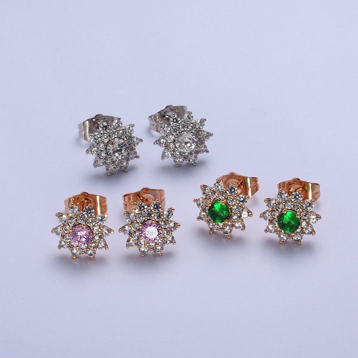 Pink, Clear, Green Celestial Star Flower CZ Stud Earrings | AB025 AB026 AB027