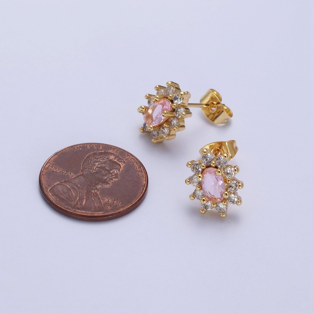 Pink &amp; Clear Oval Cubic Zirconia Celestial Sun Burst Gold Stud Earrings | AD-580