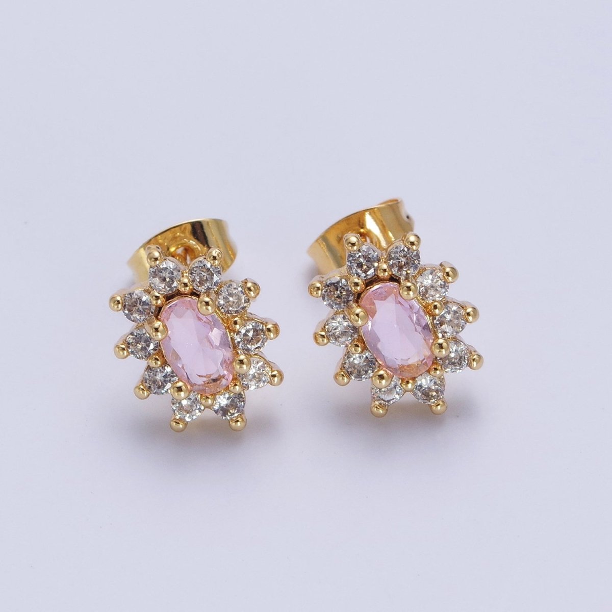 Pink &amp; Clear Oval Cubic Zirconia Celestial Sun Burst Gold Stud Earrings | AD-580