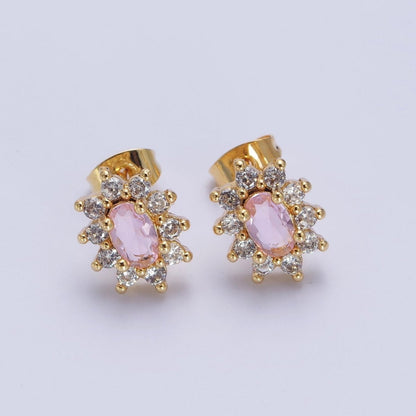 Pink &amp; Clear Oval Cubic Zirconia Celestial Sun Burst Gold Stud Earrings | AD-580