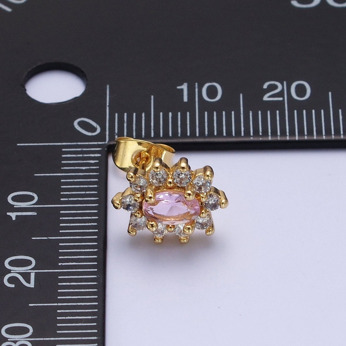 Pink &amp; Clear Oval Cubic Zirconia Celestial Sun Burst Gold Stud Earrings | AD-580