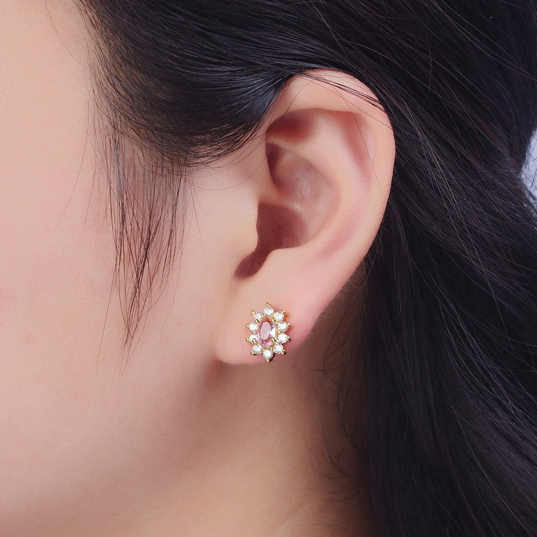 Pink &amp; Clear Oval Cubic Zirconia Celestial Sun Burst Gold Stud Earrings | AD-580