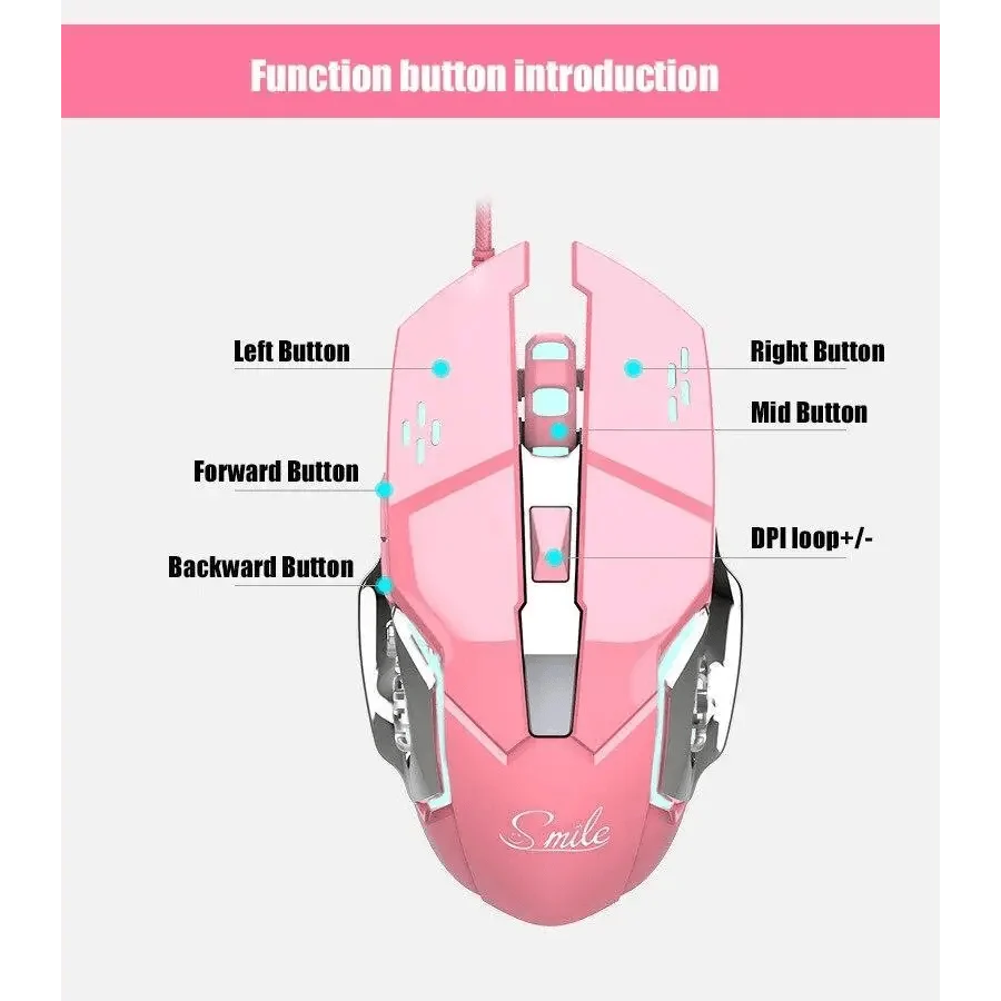 Pink Girly Gaming Mouse 3200DPI Backlight Adjustable 4 Level DPI Wired Women&