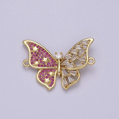 OS Pink Gold Butterfly Clear CZ Micro Pave Charm Connector Baguette Cluster Link Connector F-057