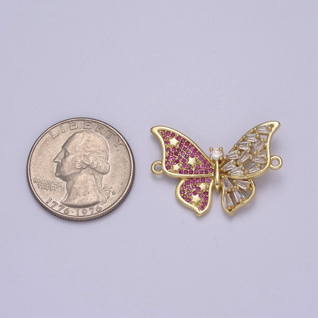 OS Pink Gold Butterfly Clear CZ Micro Pave Charm Connector Baguette Cluster Link Connector F-057