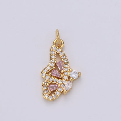 Pink Mariposa Butterfly Charm Micro Pave Cz Butterfly Charm Cubic Pendant for Necklace Component Real Gold Plated Tarnish Free, D-610