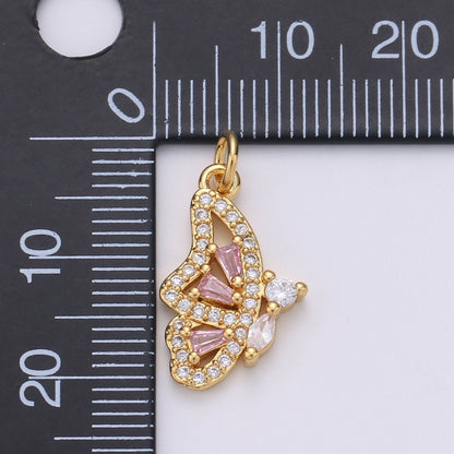 Pink Mariposa Butterfly Charm Micro Pave Cz Butterfly Charm Cubic Pendant for Necklace Component Real Gold Plated Tarnish Free, D-610
