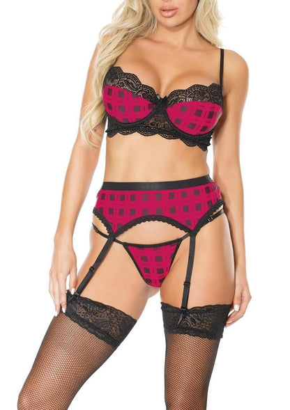 Pink Pussycat Plaid Bra Garter Belt And G-String Set
