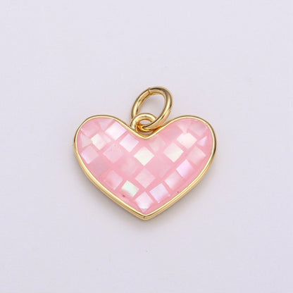 Pink Shell Opal Dainty 15mm Heart Gold Charm | D-341