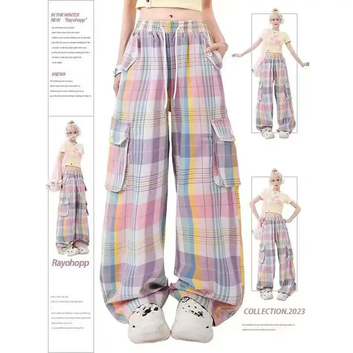Pastel Plaid Cargo Pants – Y2K Harajuku Streetwear Aesthetic