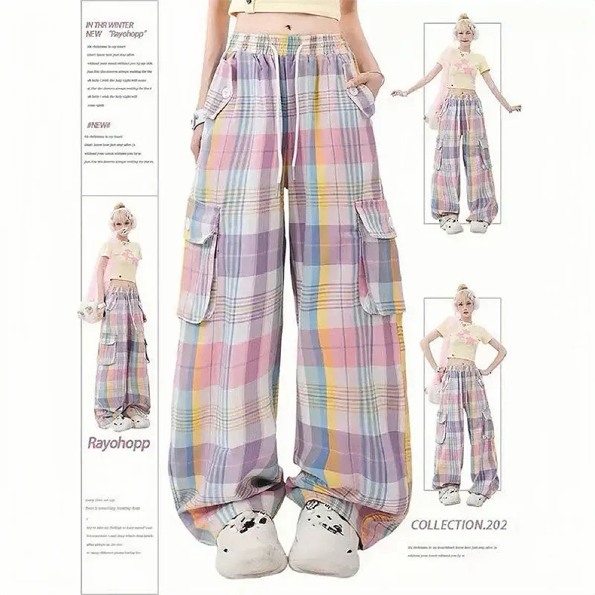 Pastel Plaid Cargo Pants – Y2K Harajuku Streetwear Aesthetic