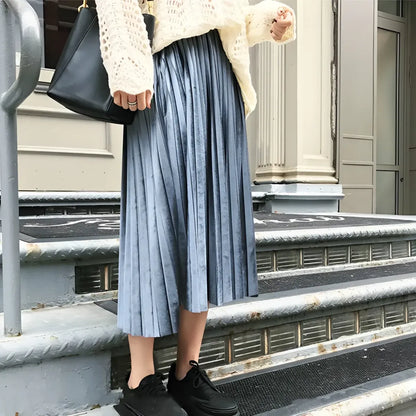 Elastic Waist Pleated Velvet Skirt