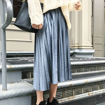 Elastic Waist Pleated Velvet Skirt