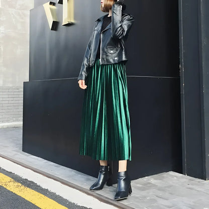 Elastic Waist Pleated Velvet Skirt