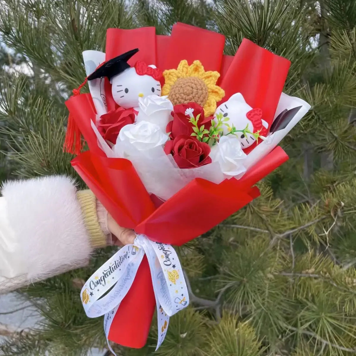 Kawaii Graduation Plush Bouquet – Cartoon Bear &amp; Sunflower Gift Set