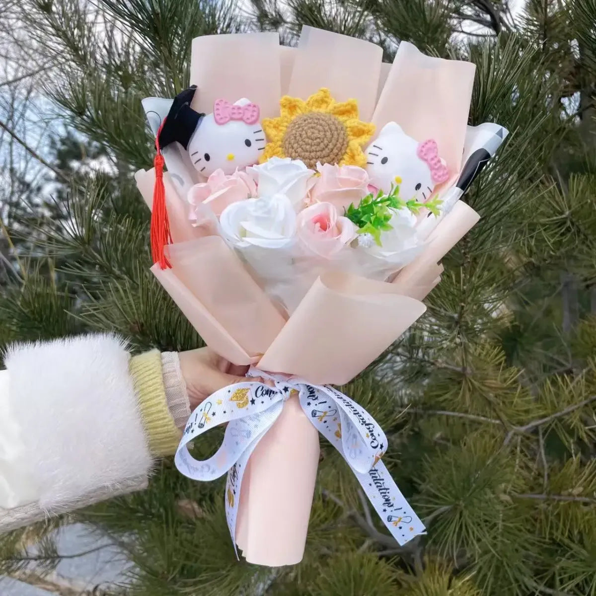 Kawaii Graduation Plush Bouquet – Cartoon Bear &amp; Sunflower Gift Set