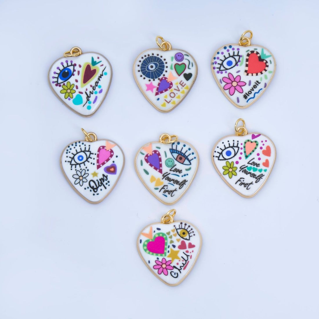 Positive Words Colorful Heart Enamel Charms 24K Gold Fill Love &amp; Eye Pendants  AJ-406