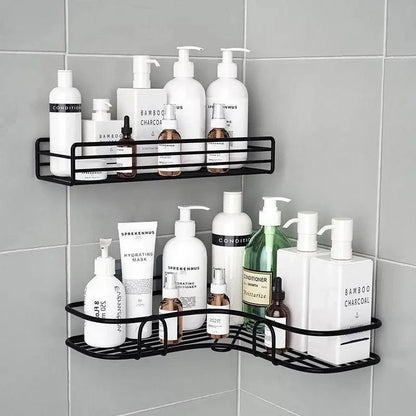 Premium Quality Bathroom Kitchen Punch Corner Frame Shower Shelf Wrought Iron Shampoo Storage Rack Holder with Suction Cup Bathroom Accessories