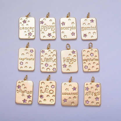 Pretty Gold Zodiac Cham Square Tag Horoscope Charm with Pink Cz Star | A-A1743-A-A1748