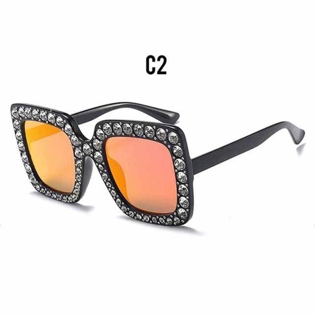 Oversized Sunglasses Square Diamond Sunglasses Women Retro Sunglasses Luxury &amp; Diamond Square Shape Sunglasses For Women Branded Attractive Any Size Crystal Sun Glasses For Ladies Gradient Classic Mirror &amp; Decent Shades