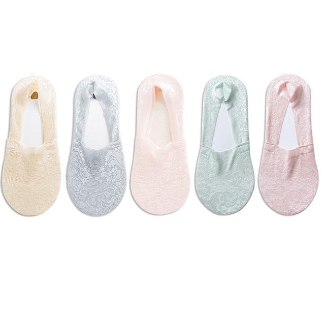 5 Pairs Fashion Women Girls Summer Socks 7 Color Style Lace Flower Short Sock Antiskid Invisible Ankle Socks For Women